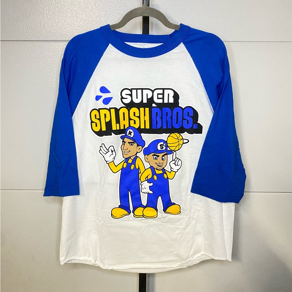 Super Splash Bros Warriors Curry and Thompson Blue and White Raglan Baseball Tee